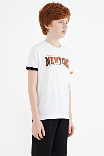 White Print Standard Fit O Collar Boys T-Shirt - 11105