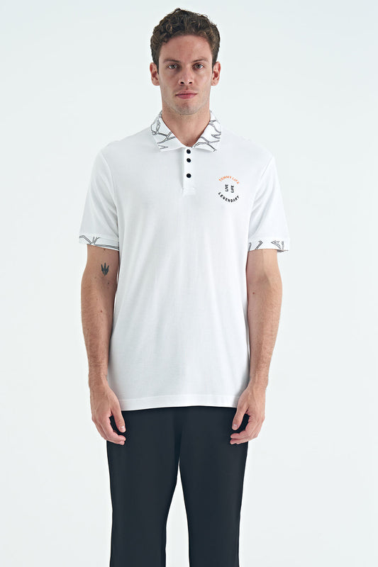 White Embroidered Print Detailed Standard Fit Polo Collar Men's T-Shirt - 88239