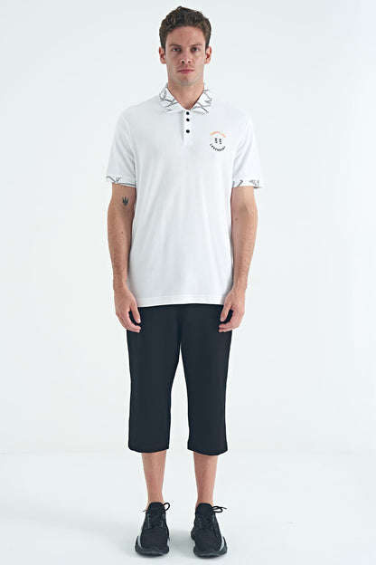 White Embroidered Print Detailed Standard Fit Polo Collar Men's T-Shirt - 88239