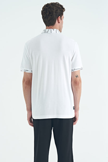 White Embroidered Print Detailed Standard Fit Polo Collar Men's T-Shirt - 88239