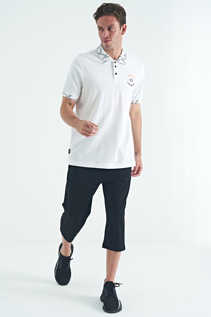 White Embroidered Print Detailed Standard Fit Polo Collar Men's T-Shirt - 88239