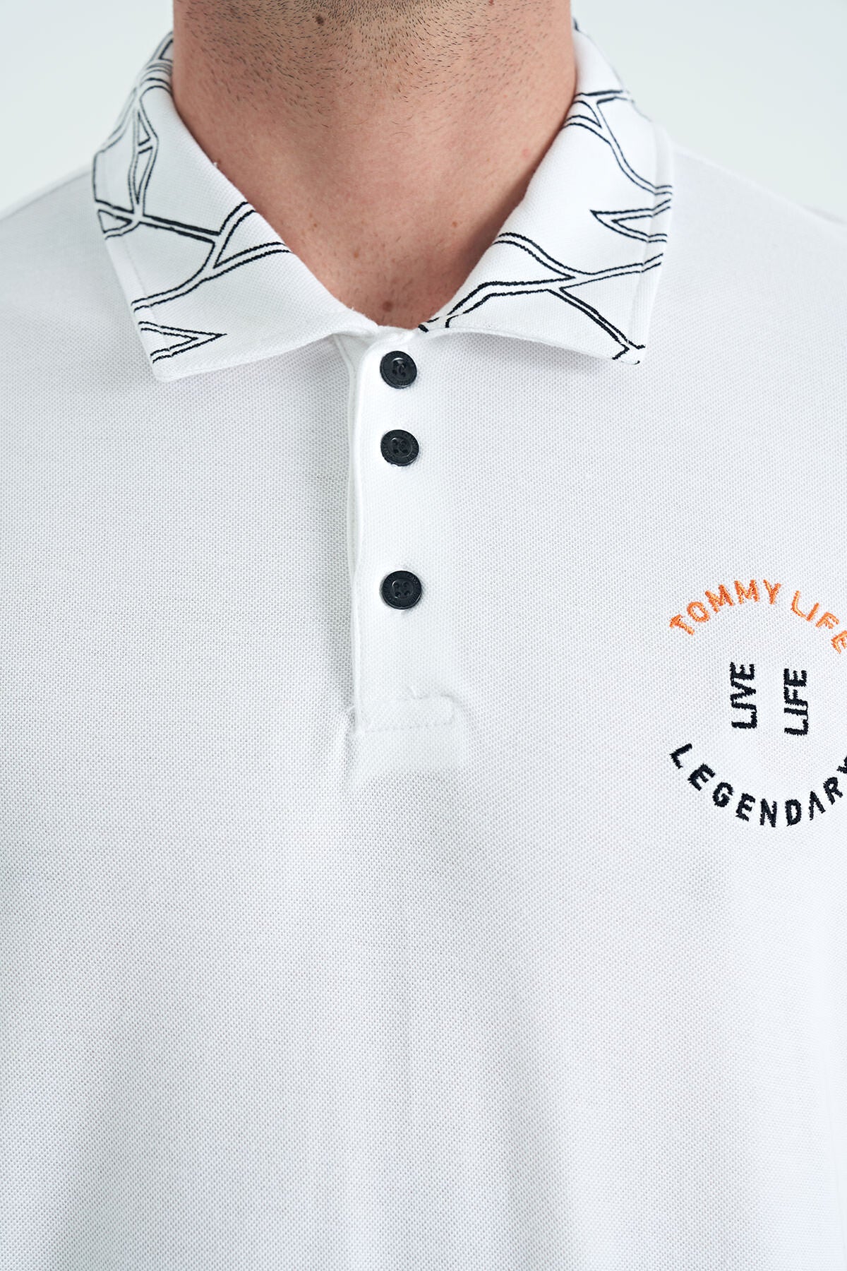 White Embroidered Print Detailed Standard Fit Polo Collar Men's T-Shirt - 88239