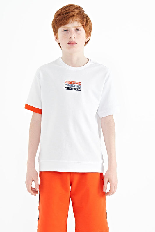 White Embroidered O Collar Oversize Boys T-Shirt - 11146