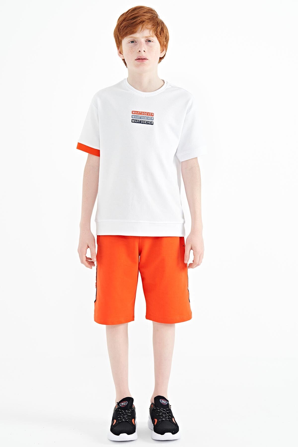 White Embroidered O Collar Oversize Boys T-Shirt - 11146