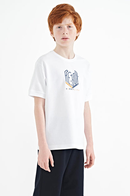 White Embroidered O Collar Oversize Boys T-Shirt - 11151
