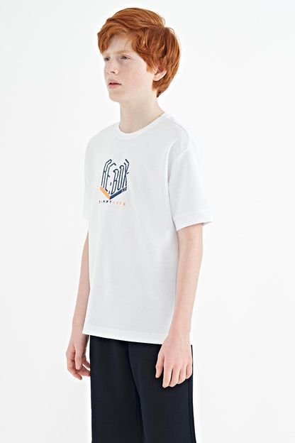 White Embroidered O Collar Oversize Boys T-Shirt - 11151
