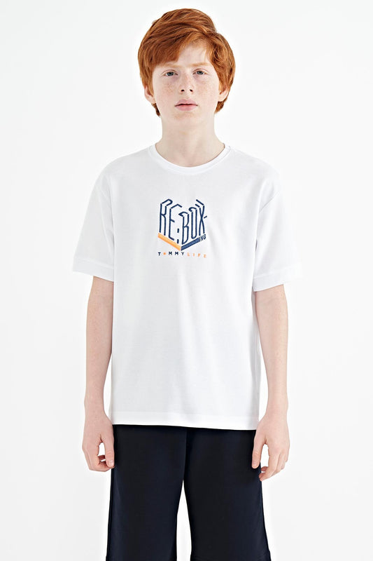White Embroidered O Collar Oversize Boys T-Shirt - 11151