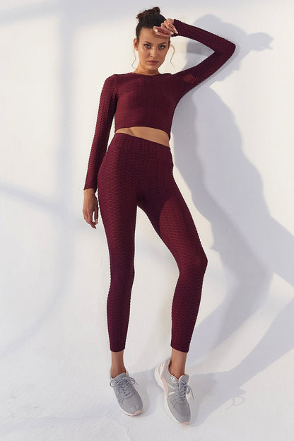 Burgundy Self-Patterned O Collar Long Sleeve Women's Crop Top T-Shirt - 97153
