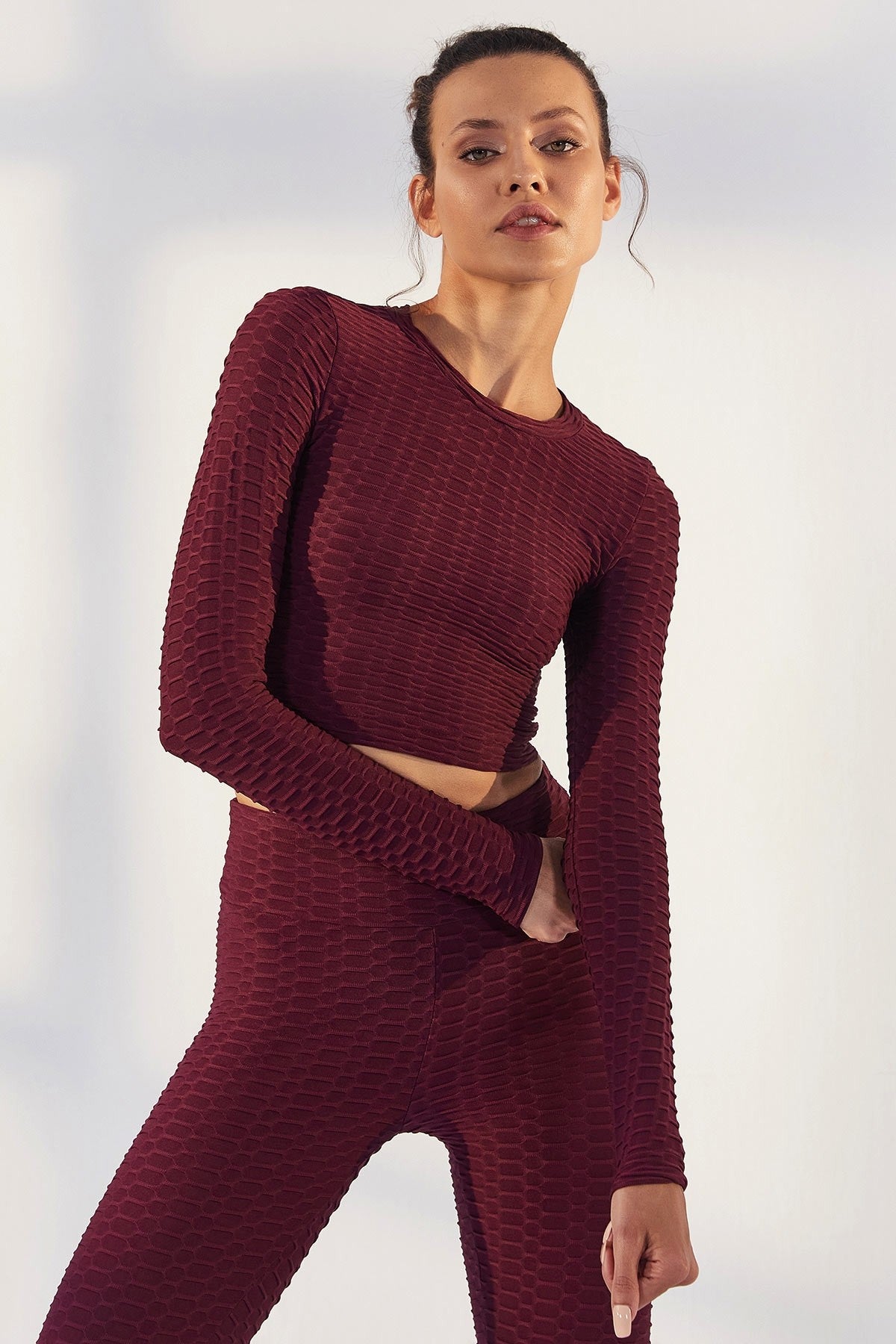 Burgundy Self-Patterned O Collar Long Sleeve Women's Crop Top T-Shirt - 97153
