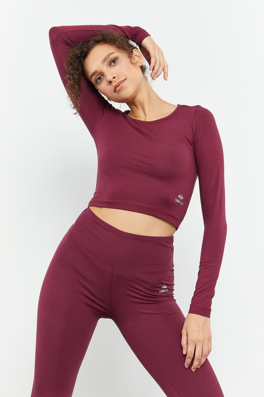 Long Sleeve Burgundy Slim Fit High Neck Women's Crop Top T-Shirt - 97150