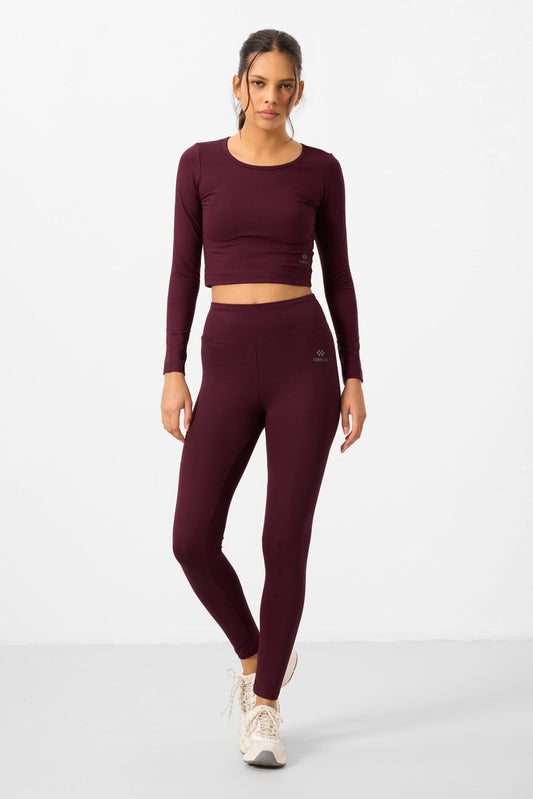 High Waist Long Sleeve Slim Fit Crop Top Women's Tights Set - 95286