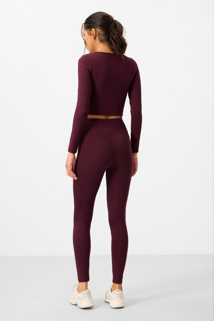 High Waist Long Sleeve Slim Fit Crop Top Women's Tights Set - 95286