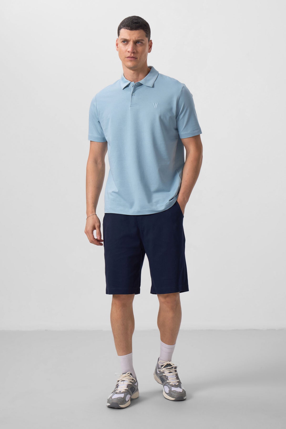 Navy Blue Basic Chest Logo Standard Fit Knitted Polo Collar Men's T-Shirt - 87768