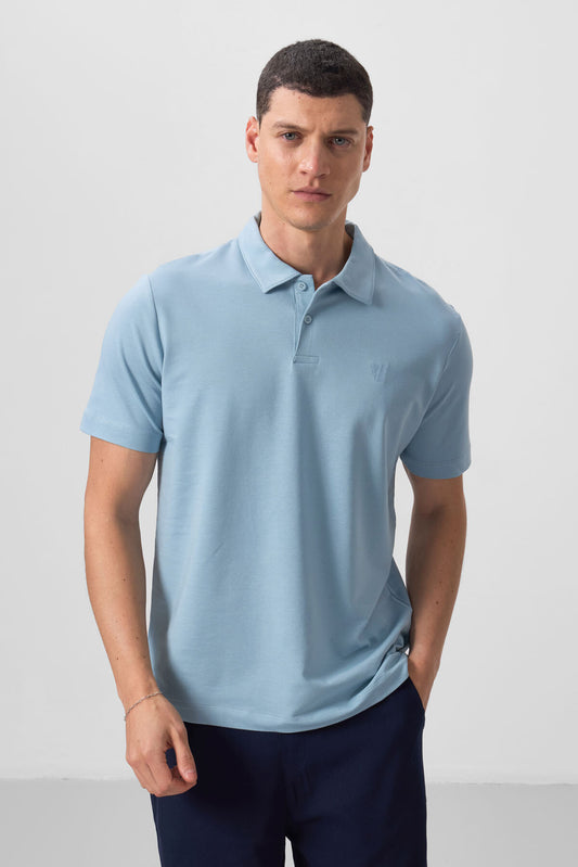 Navy Blue Basic Chest Logo Standard Fit Knitted Polo Collar Men's T-Shirt - 87768