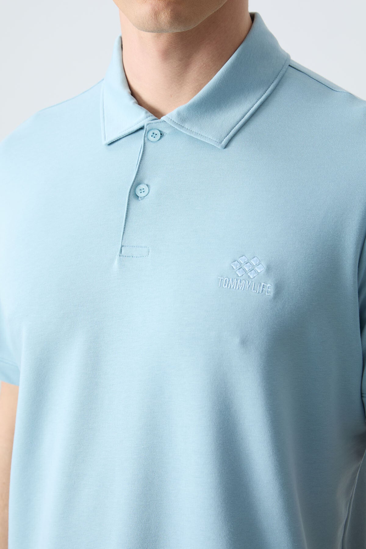 Blue Basic Logo Standard Fit Knitted Polo Collar Men's T-Shirt - 87748