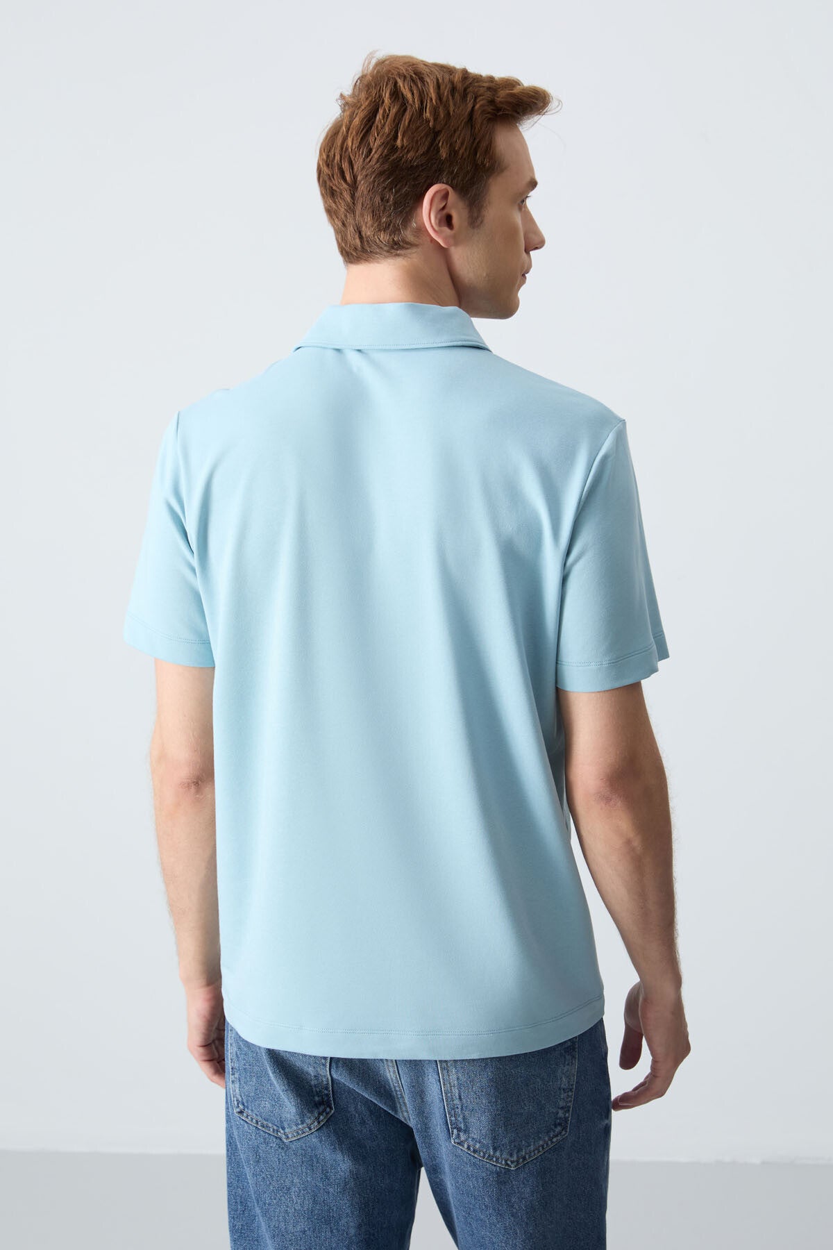 Blue Basic Logo Standard Fit Knitted Polo Collar Men's T-Shirt - 87748