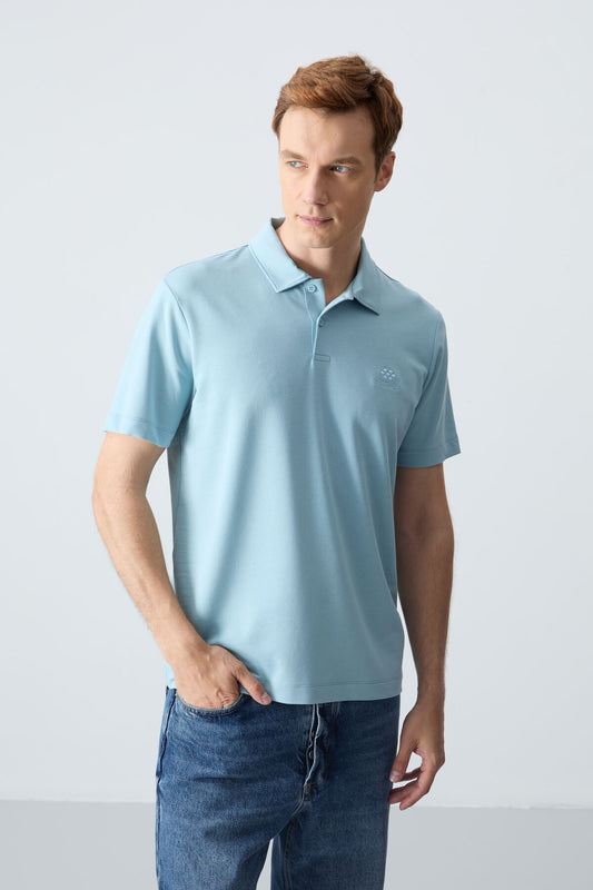 Blue Basic Logo Standard Fit Knitted Polo Collar Men's T-Shirt - 87748