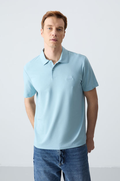 Blue Basic Logo Standard Fit Knitted Polo Collar Men's T-Shirt - 87748