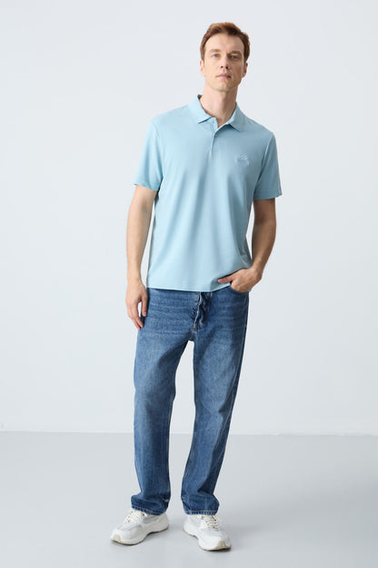 Blue Basic Logo Standard Fit Knitted Polo Collar Men's T-Shirt - 87748
