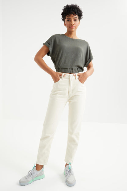 Basic O Collar Stretch Crinkle Fabric Women's Crop Top T-Shirt - 97227