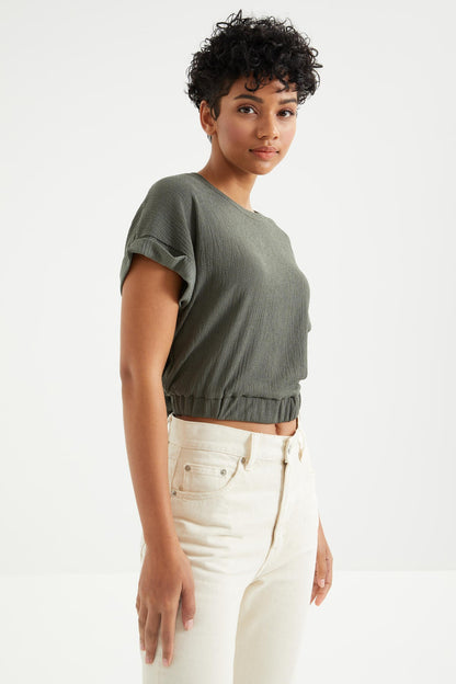 Basic O Collar Stretch Crinkle Fabric Women's Crop Top T-Shirt - 97227