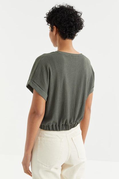 Basic O Collar Stretch Crinkle Fabric Women's Crop Top T-Shirt - 97227
