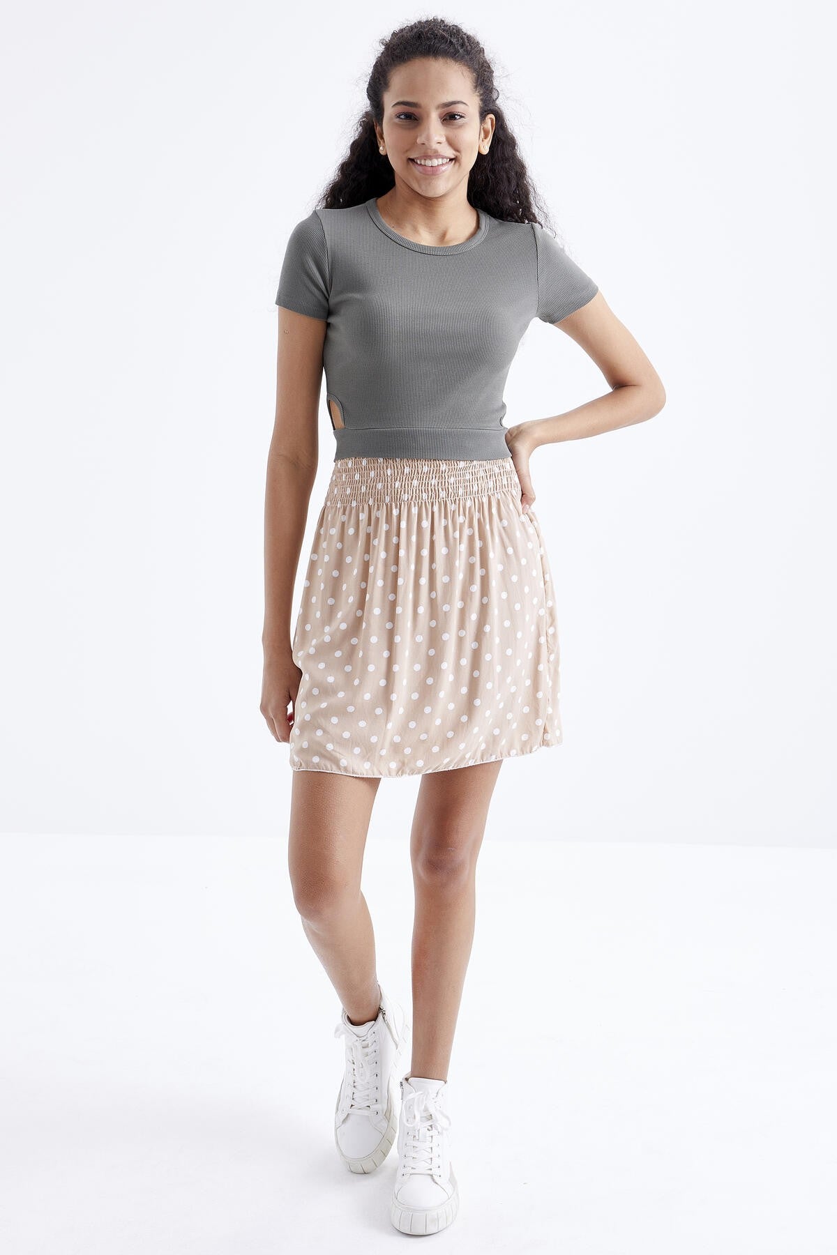 Basic Side Window O Collar Women's Crop Top T-Shirt - 97207