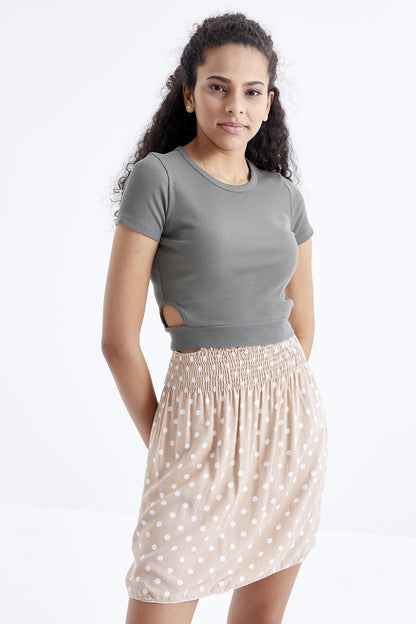 Basic Side Window O Collar Women's Crop Top T-Shirt - 97207
