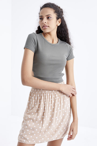 Basic Side Window O Collar Women's Crop Top T-Shirt - 97207
