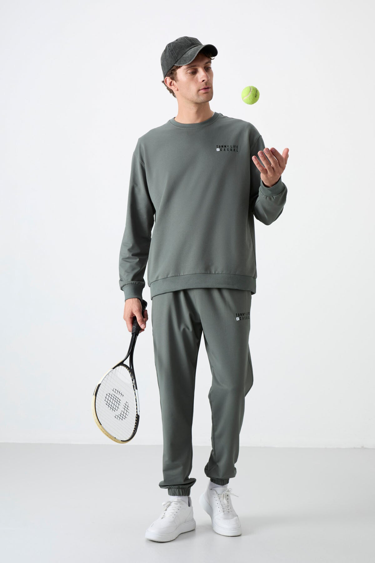 Round Neck Elastic Cuffed Cotton Men's Oversize Tracksuit Set - 85120