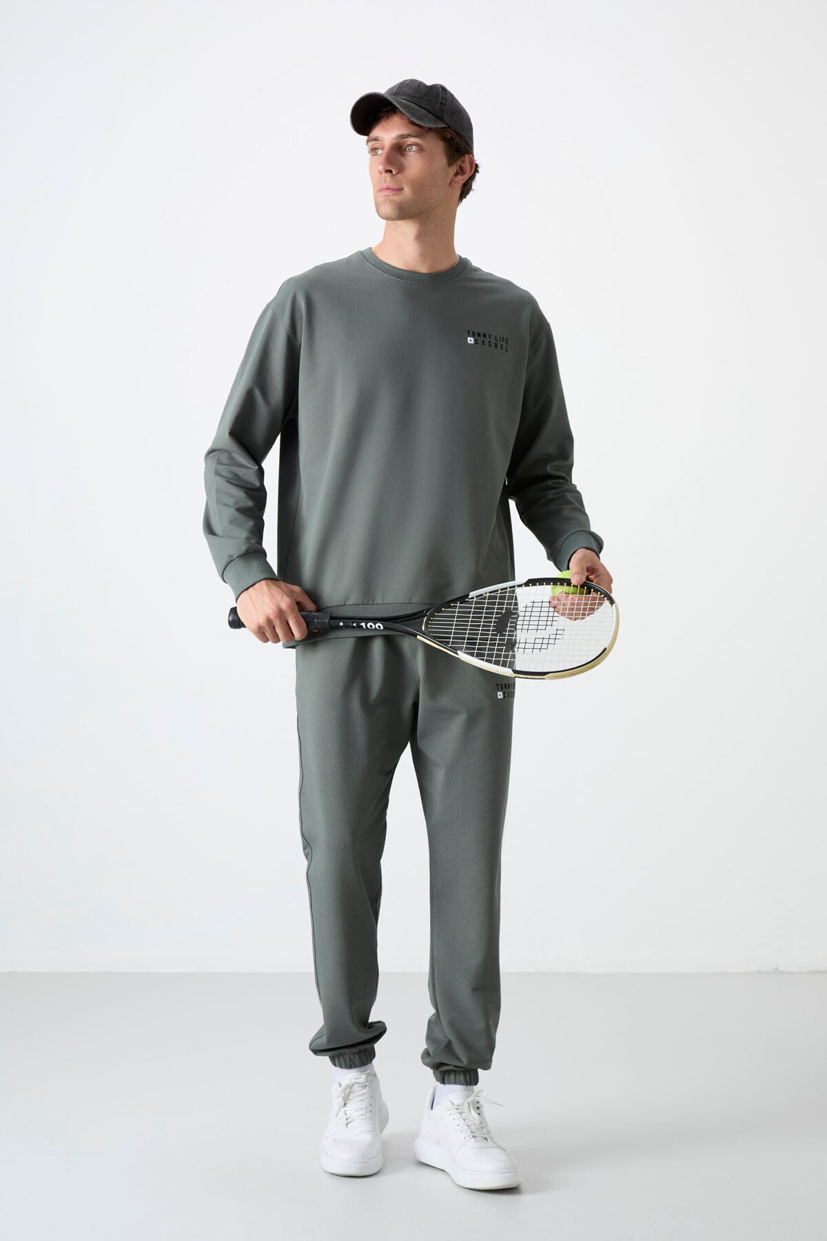 Round Neck Elastic Cuffed Cotton Men's Oversize Tracksuit Set - 85120