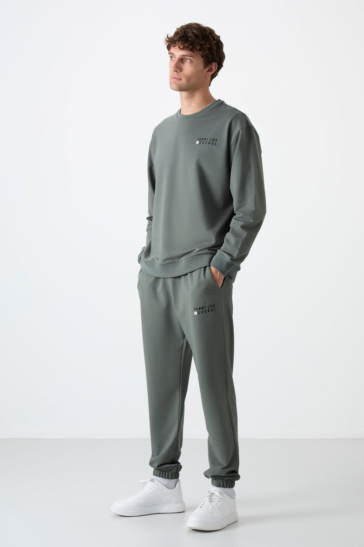 Round Neck Elastic Cuffed Cotton Men's Oversize Tracksuit Set - 85120