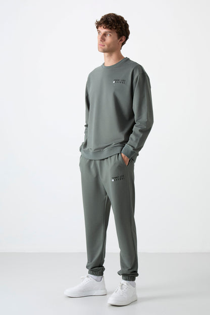 Round Neck Elastic Cuffed Cotton Men's Oversize Tracksuit Set - 85120