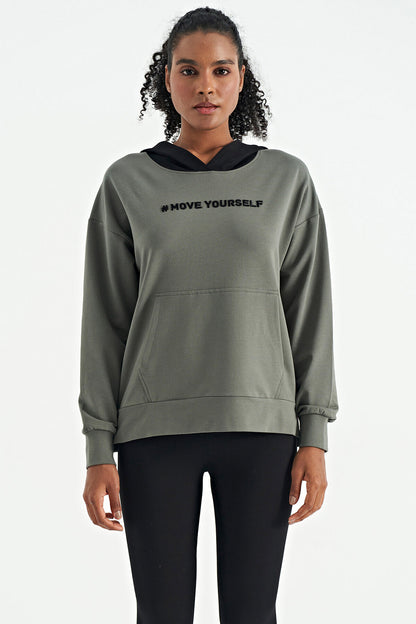 Khaki Women's Hooded Kangaroo Pocket Women's Oversize Sweatshirt - 97161