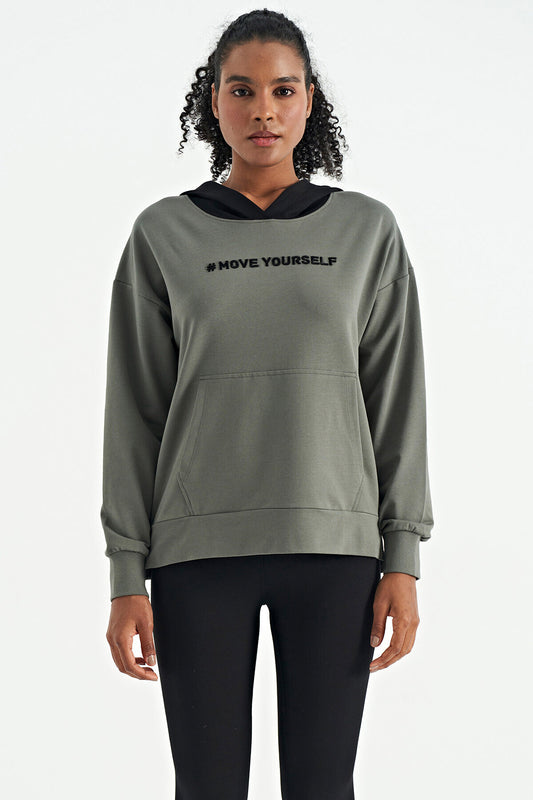 Khaki Women's Hooded Kangaroo Pocket Women's Oversize Sweatshirt - 97161