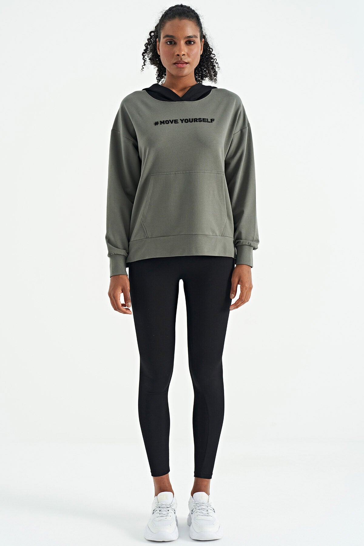 Khaki Women's Hooded Kangaroo Pocket Women's Oversize Sweatshirt - 97161