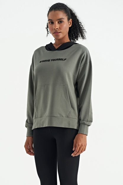 Khaki Women's Hooded Kangaroo Pocket Women's Oversize Sweatshirt - 97161