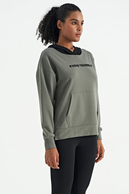 Khaki Women's Hooded Kangaroo Pocket Women's Oversize Sweatshirt - 97161