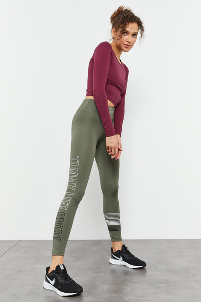 High Waist Slim Fit Tapered Leg Women's Tights with Printed Waistband - 94544
