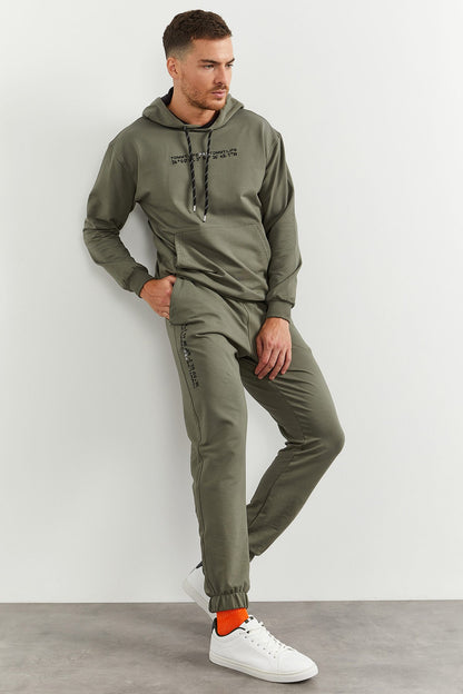 Hooded Kangaroo Pocket Elastic Cuffed Men's Oversize Tracksuit Set - 85117