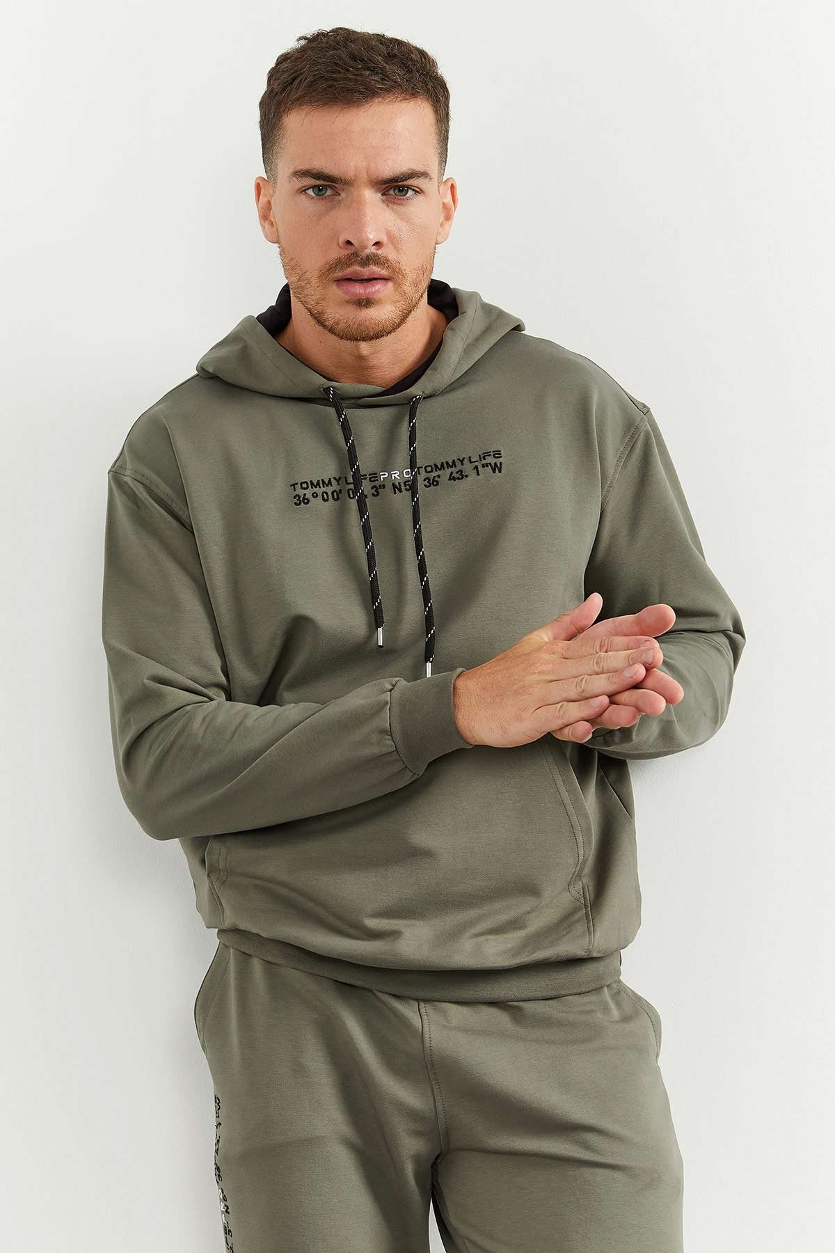 Hooded Kangaroo Pocket Elastic Cuffed Men's Oversize Tracksuit Set - 85117