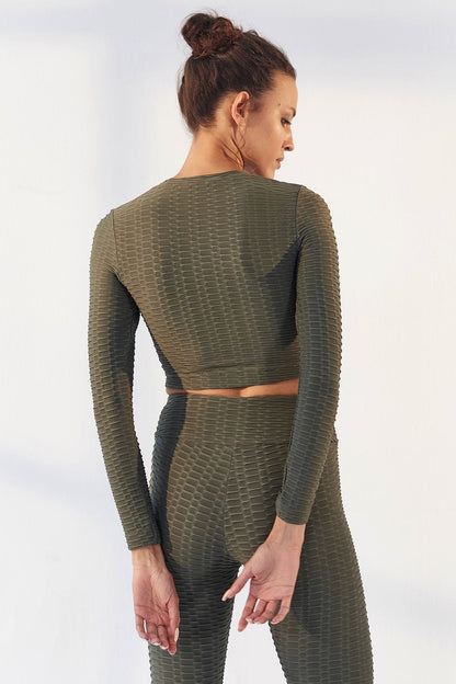 Self-Patterned O Collar Long Sleeve Women's Crop Top T-Shirt - 97153
