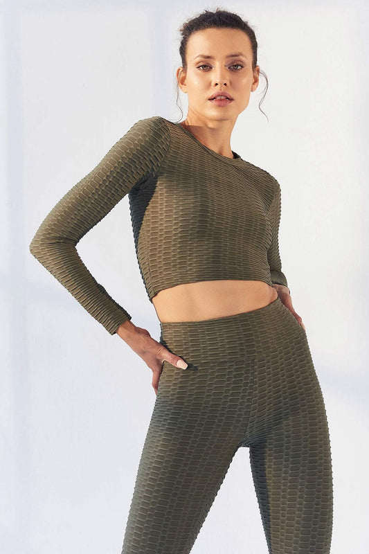 Self-Patterned O Collar Long Sleeve Women's Crop Top T-Shirt - 97153