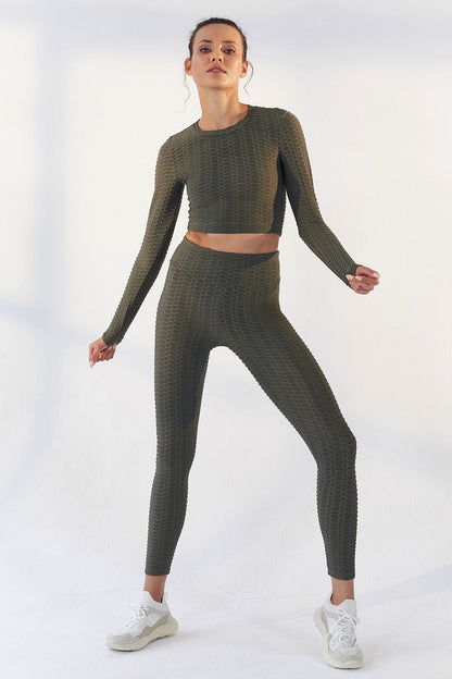 Self-Patterned O Collar Long Sleeve Women's Crop Top T-Shirt - 97153