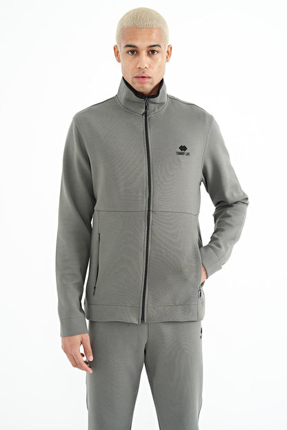 Khaki Logo Embroidered Stand-Up Collar Zippered Hidden Pocket Detailed Men's Tracksuit Set - 85201