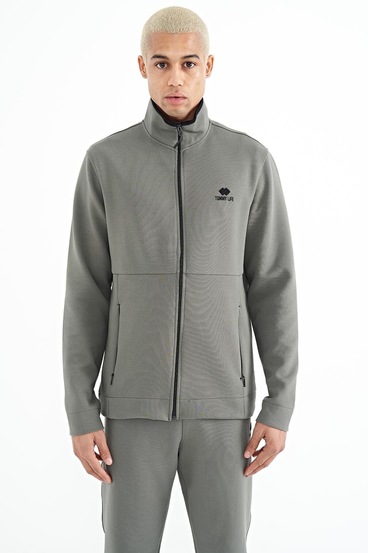 Khaki Logo Embroidered Stand-Up Collar Zippered Hidden Pocket Detailed Men's Tracksuit Set - 85201