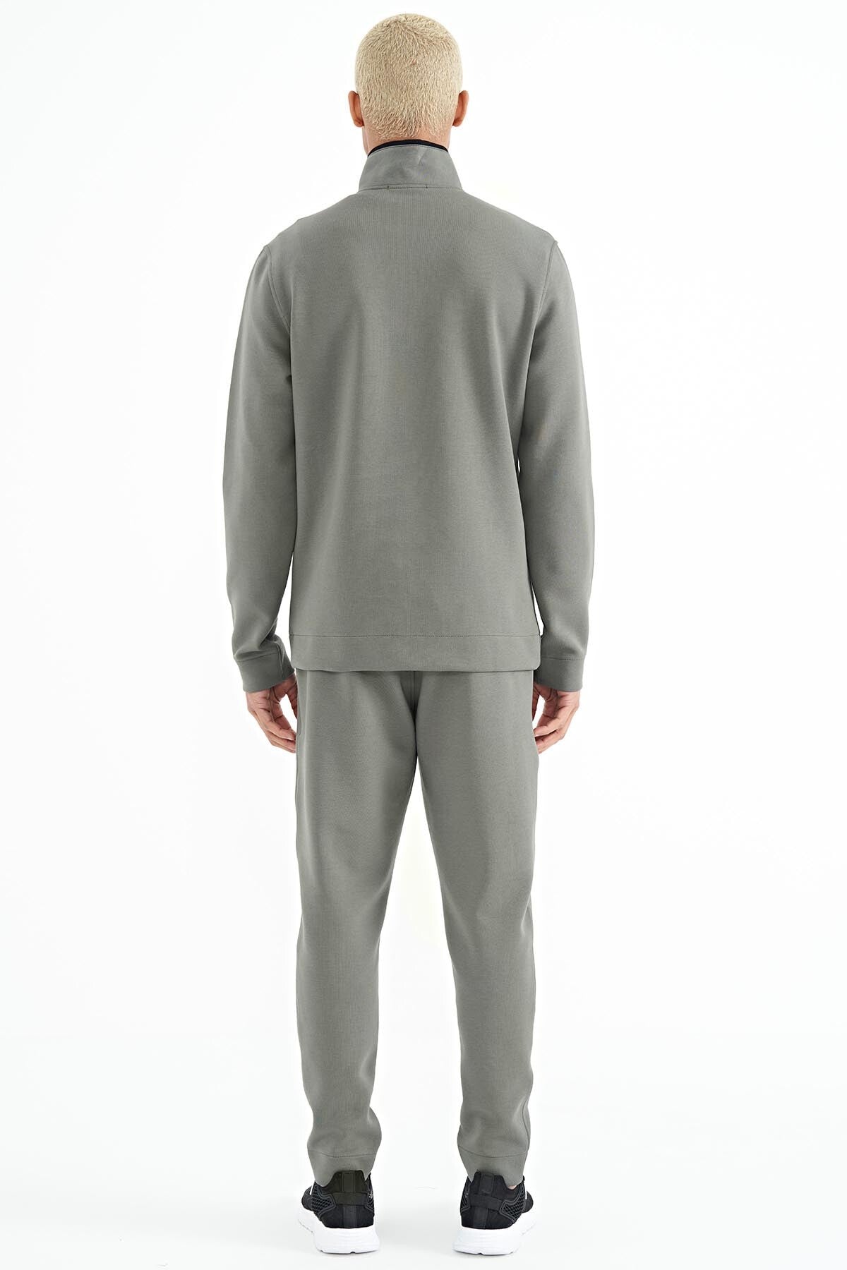 Khaki Logo Embroidered Stand-Up Collar Zippered Hidden Pocket Detailed Men's Tracksuit Set - 85201