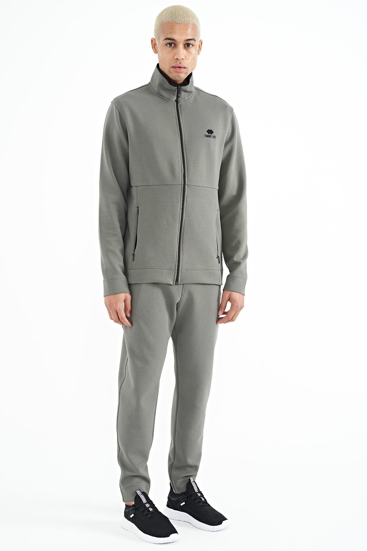 Khaki Logo Embroidered Stand-Up Collar Zippered Hidden Pocket Detailed Men's Tracksuit Set - 85201