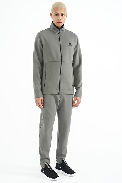 Khaki Logo Embroidered Stand-Up Collar Zippered Hidden Pocket Detailed Men's Tracksuit Set - 85201