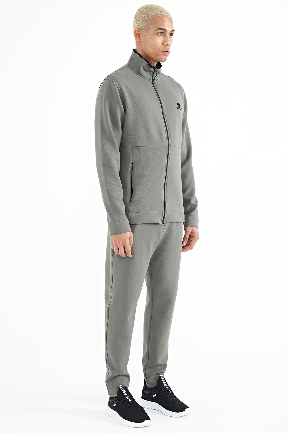 Khaki Logo Embroidered Stand-Up Collar Zippered Hidden Pocket Detailed Men's Tracksuit Set - 85201